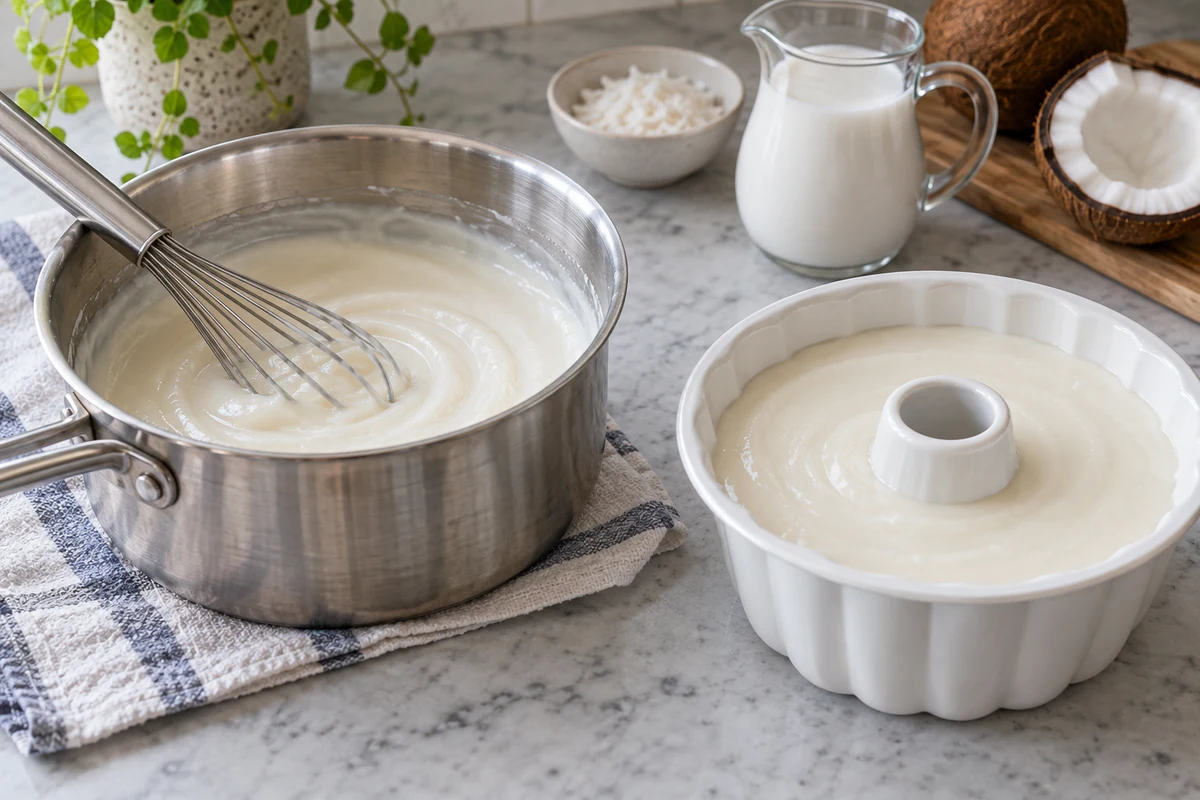 Cooked coconut custard and a filled ring mould Cooked coconut custard and a filled ring mould