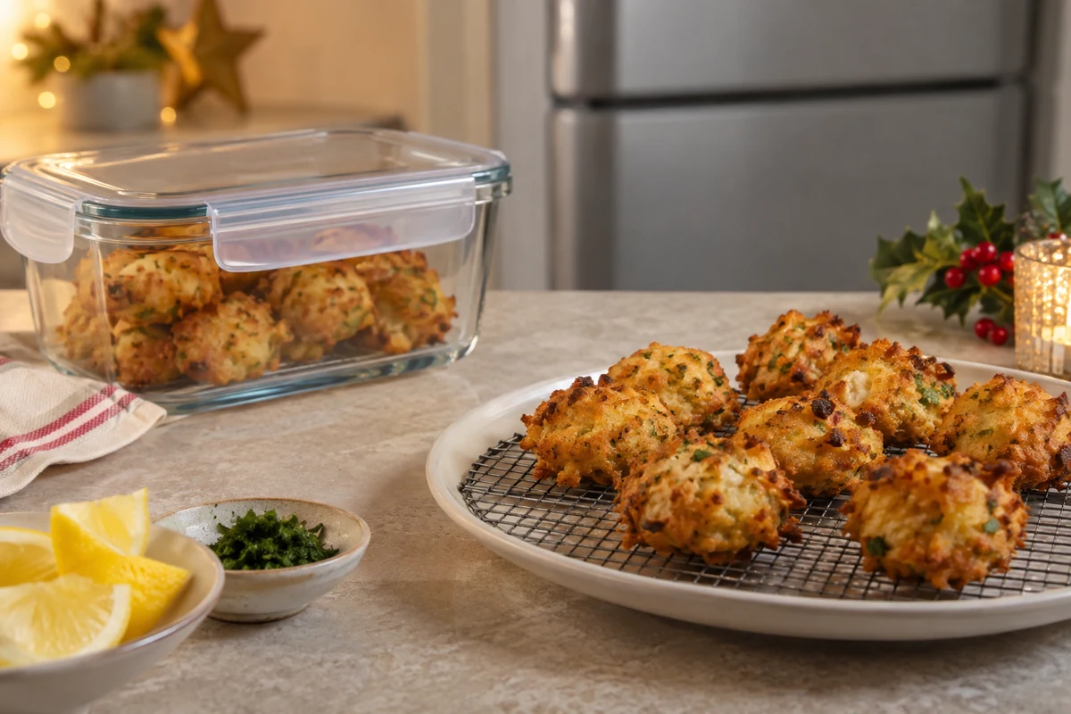 Cooked cod fritters with a covered storage container Cooked cod fritters with a covered storage container