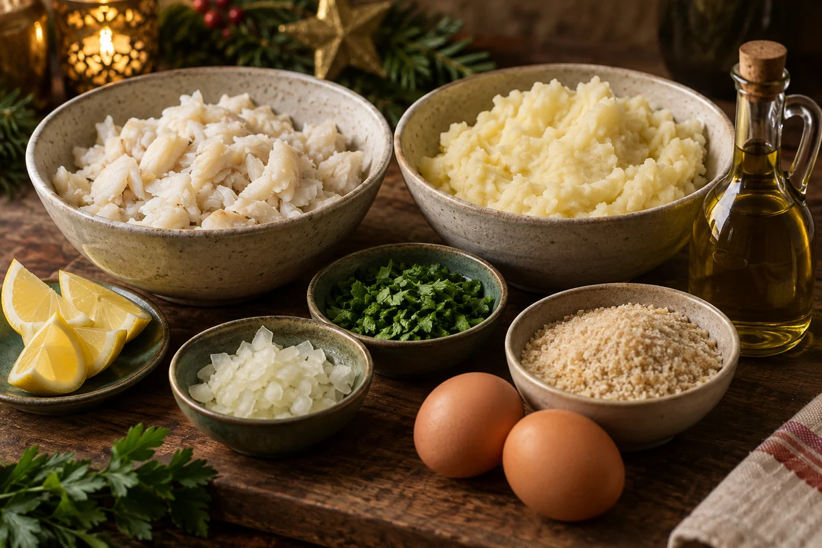 Cooked cod, mashed potato and eggs for salt cod fritters Cooked cod, mashed potato and eggs for salt cod fritters