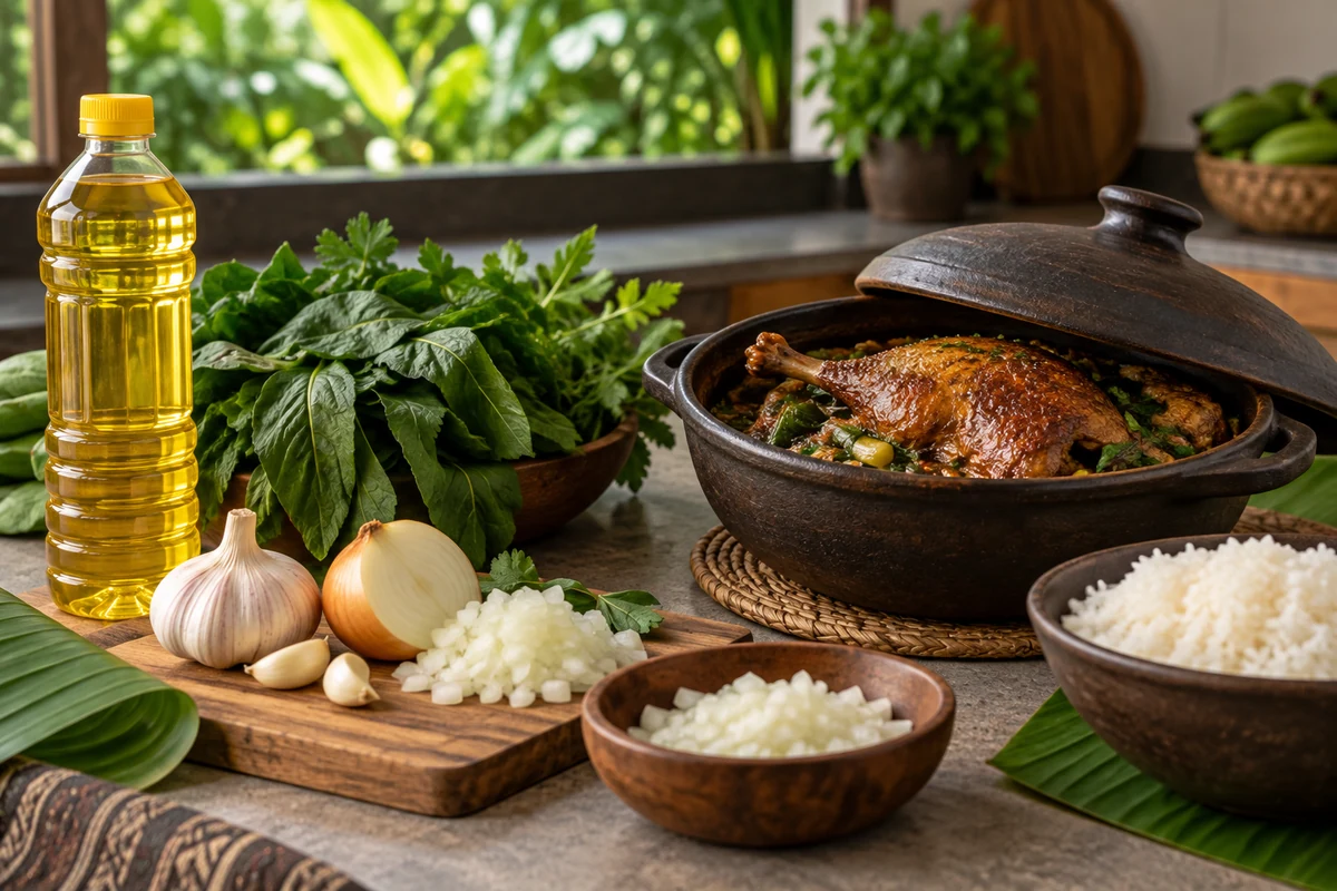 Cooked duck, greens, garlic and onion on a kitchen counter