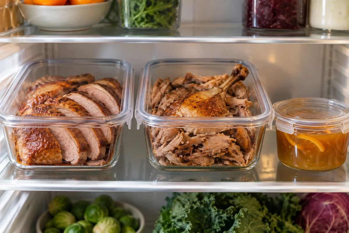 Cooked duck stored in shallow covered containers