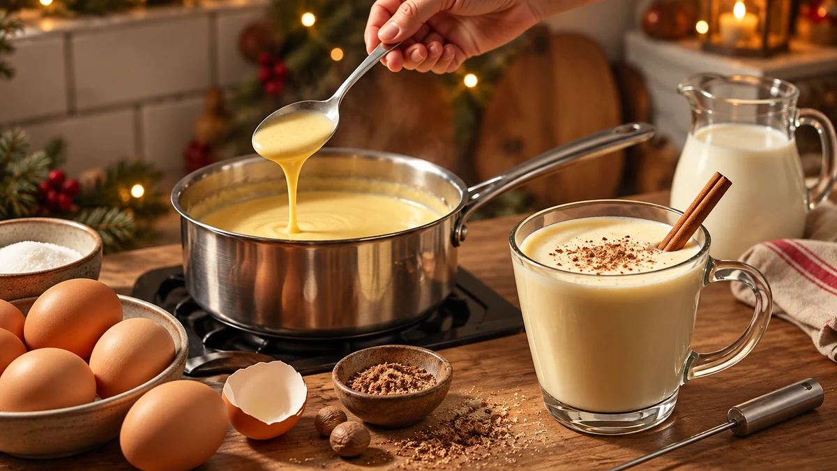 Cooked eggnog custard being stirred in a saucepan