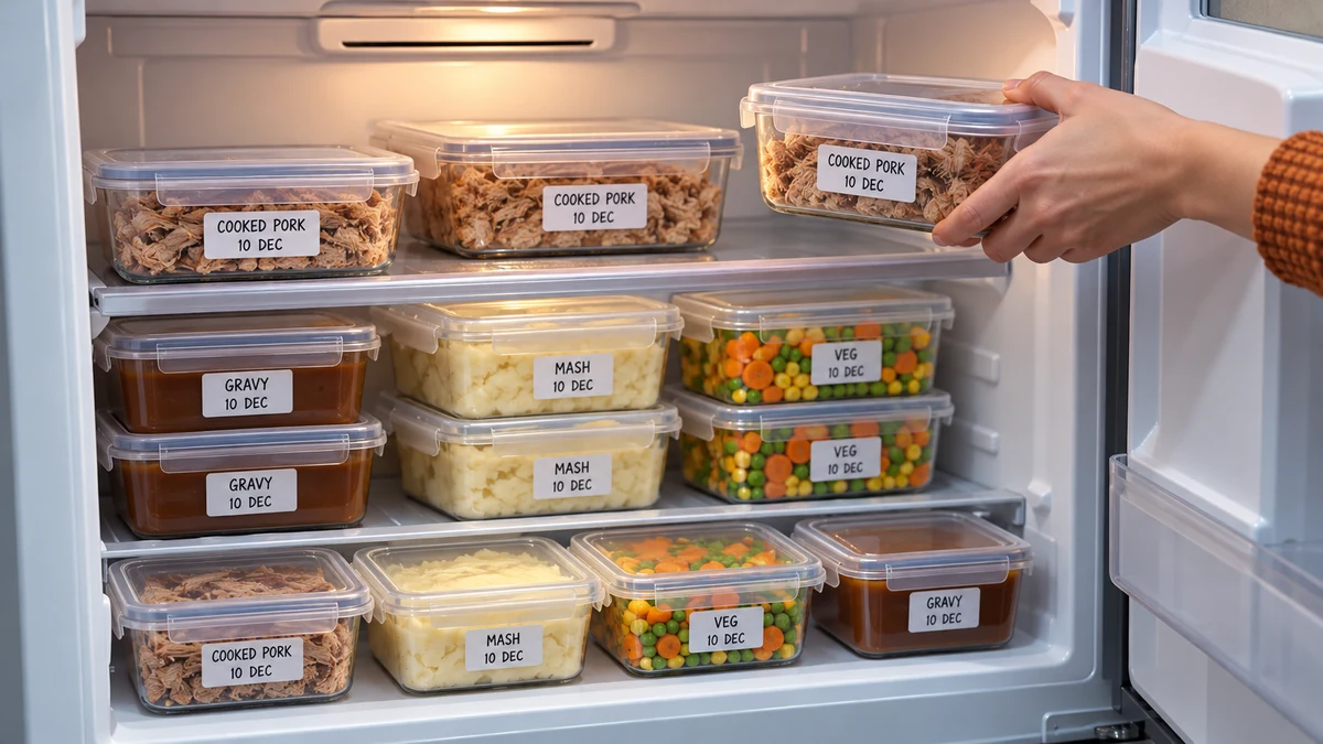 Cooked festive meal portions organised in a refrigerator