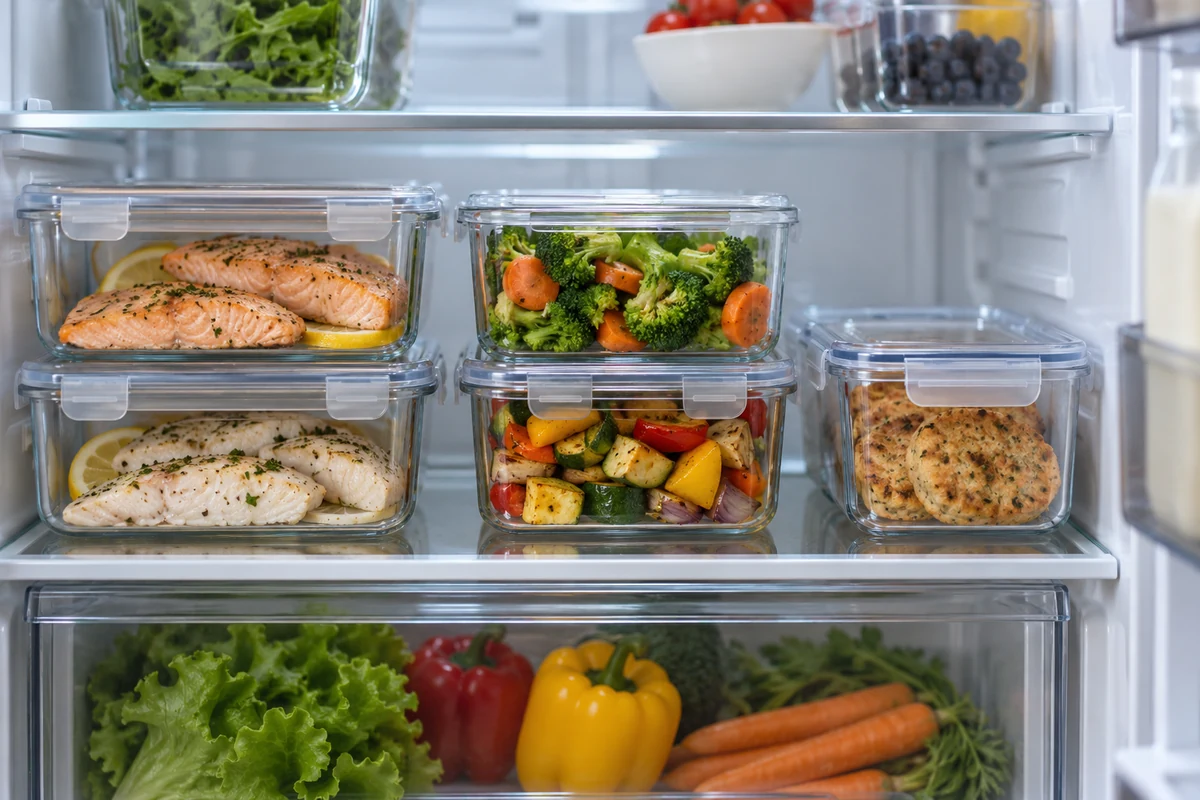 Cooked fish stored in refrigerator containers