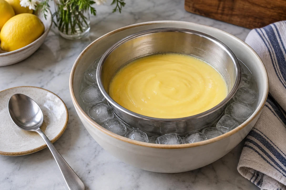 Cooked gemada cooling in a bowl set in an ice water bath