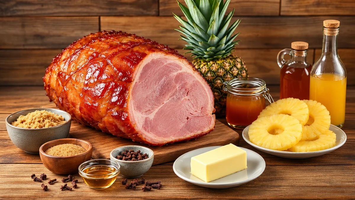 Cooked ham and pineapple with glaze ingredients Cooked ham and pineapple with glaze ingredients