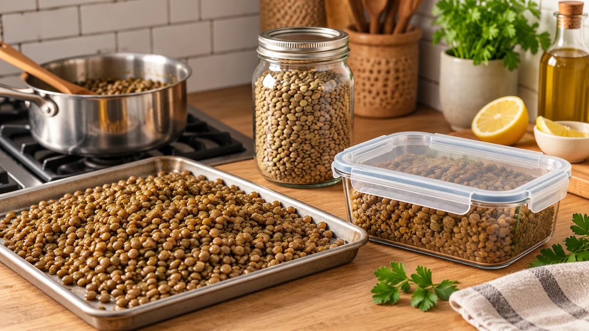 Cooked lentils cooling on a shallow tray beside a closed container