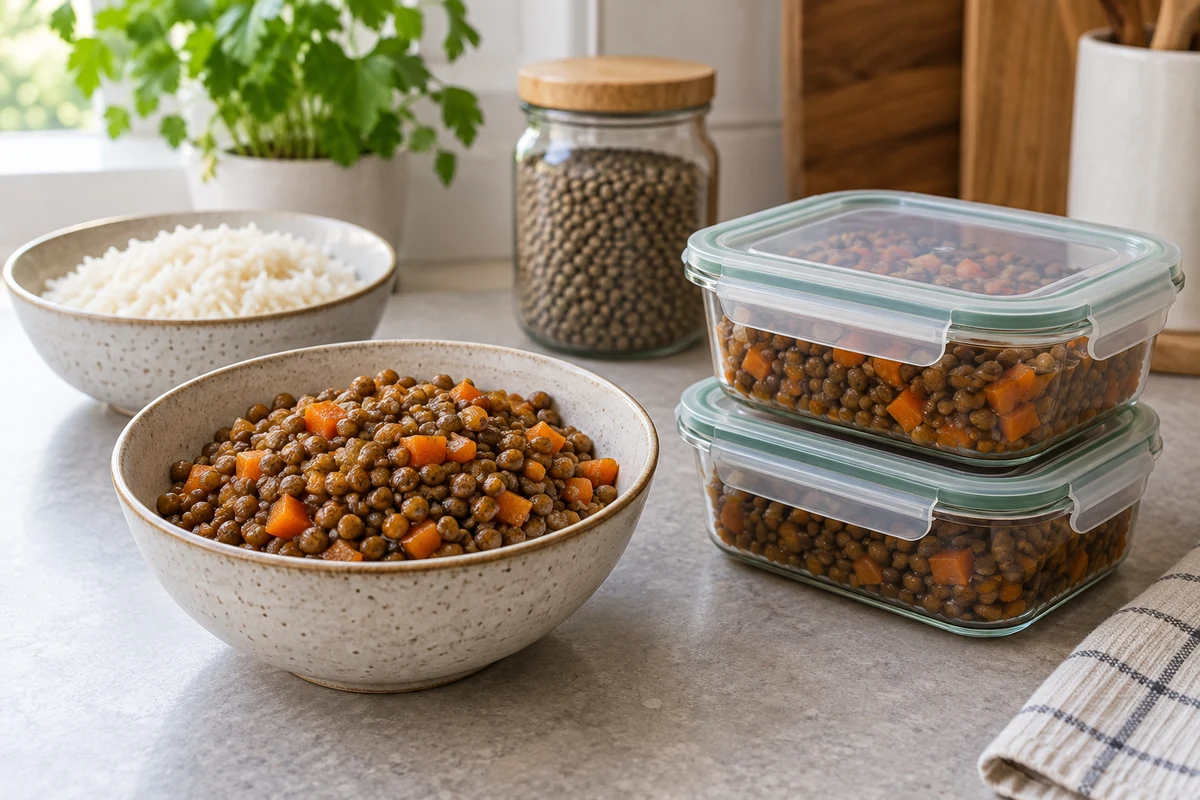 Cooked lentils with carrot and food storage containers