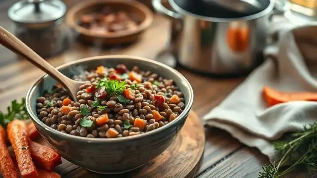 Cooked lentils with diced carrots, bacon and parsley