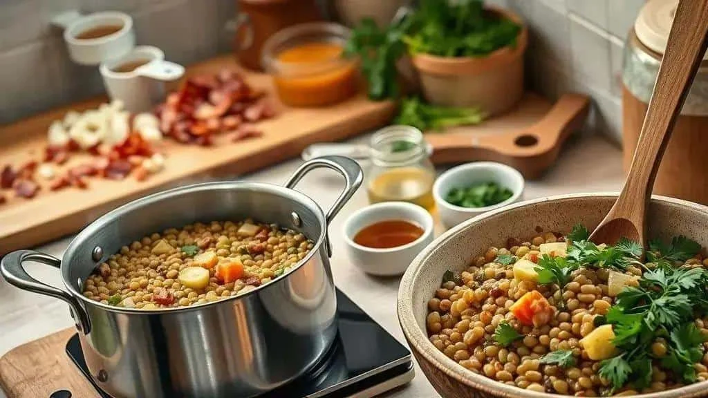 Cooked lentils with vegetables and herbs in a saucepan and serving bowl