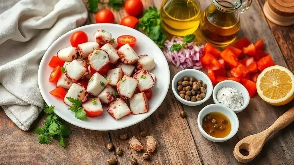 Cooked octopus tomatoes capers and dressing ingredients Cooked octopus tomatoes capers and dressing ingredients