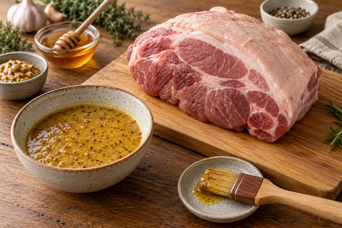 Cooked pork leg with glaze and roast vegetables