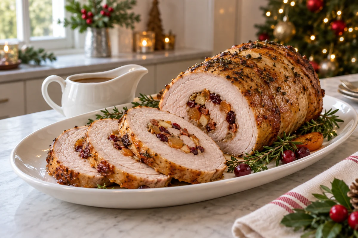 Cooked pork loin with dried fruit and bacon stuffing