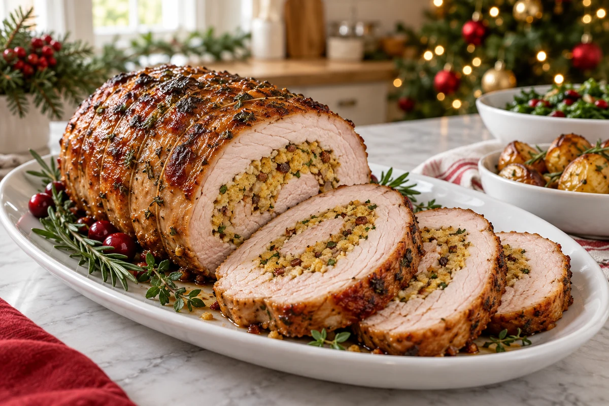 Cooked pork loin with farofa stuffing and carved slices