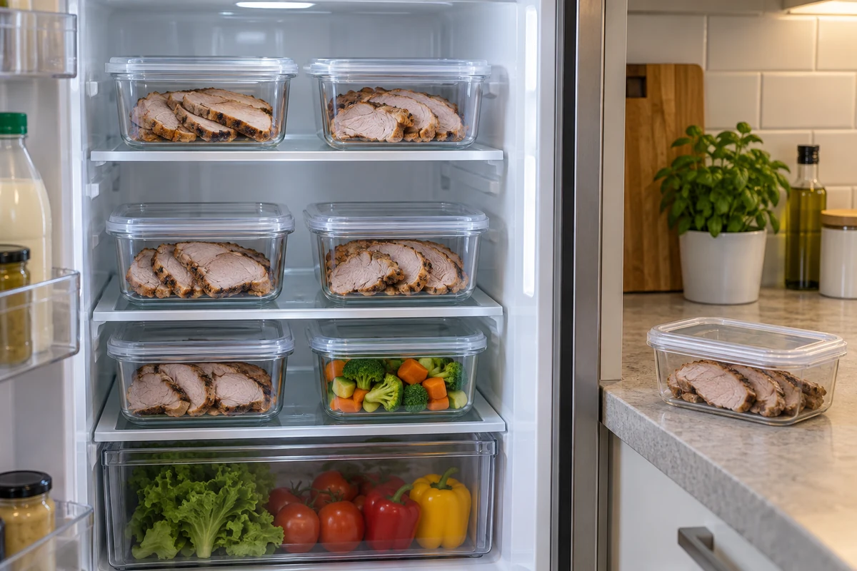 Cooked pork portions in sealed fridge containers