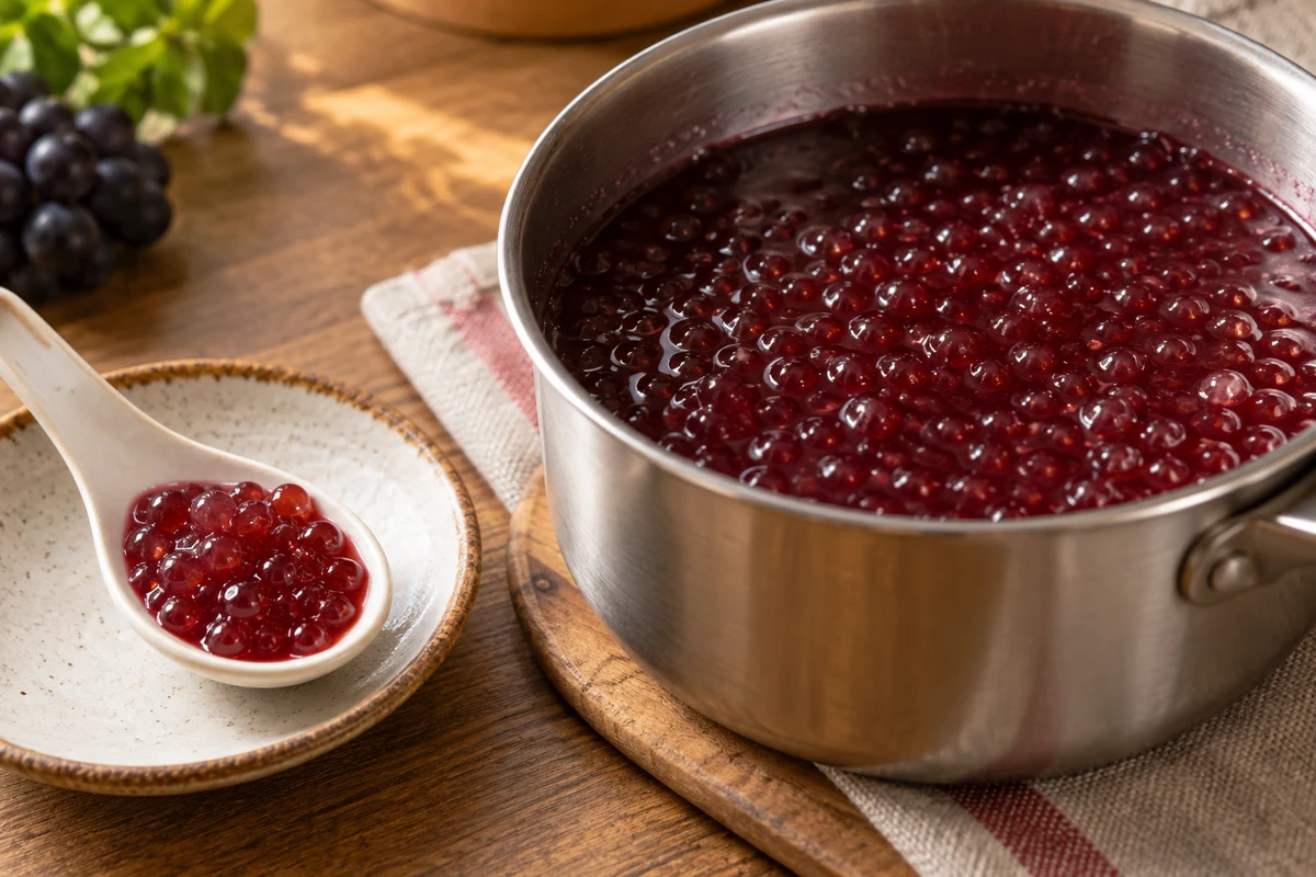 Cooked red tapioca pearls with a small spoonful beside the pan