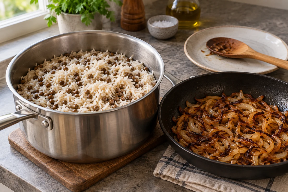 Cooked rice and lentils beside a pan of caramelised onions