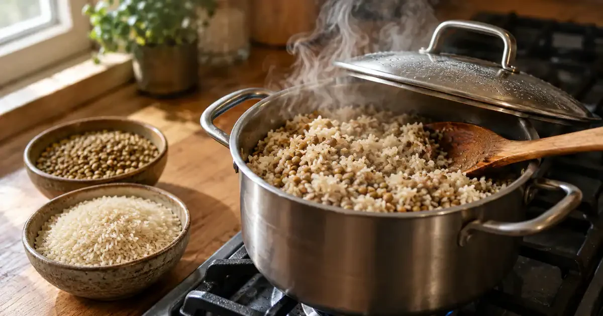Cooked rice and lentils resting in a saucepan