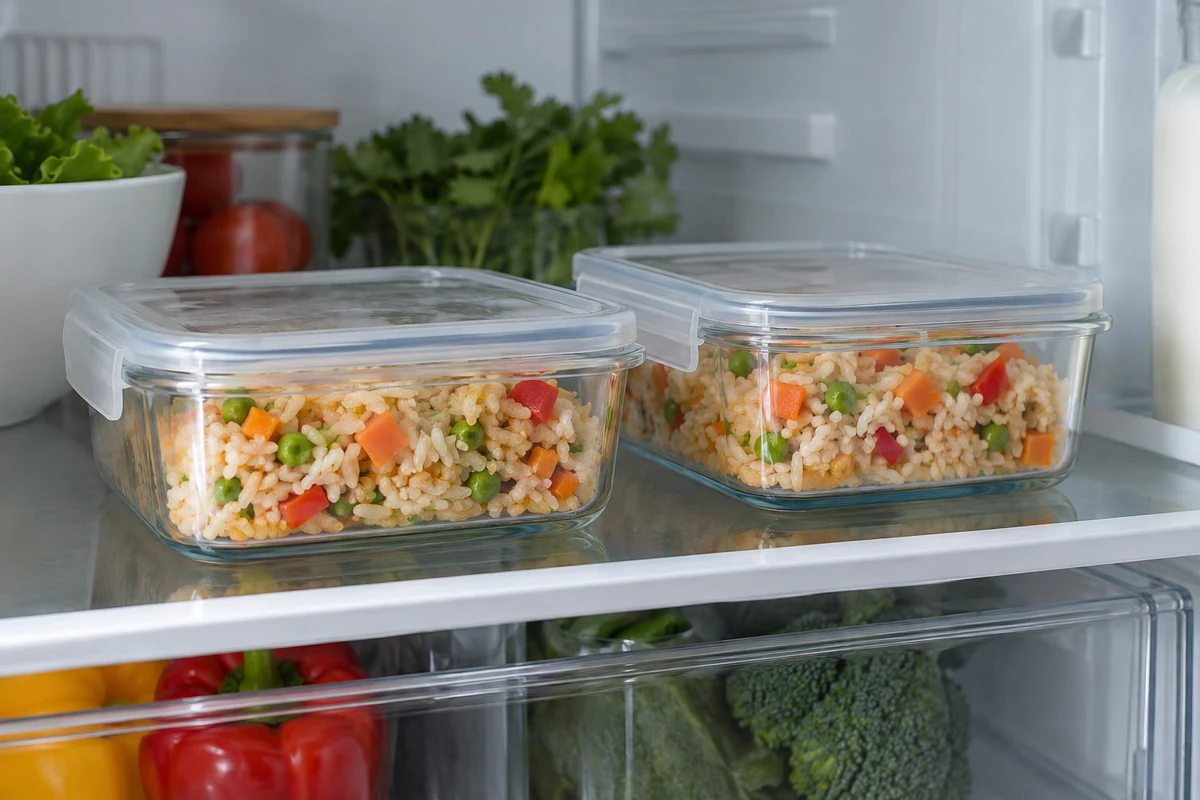 Cooked rice cooling in shallow containers in the fridge Cooked rice cooling in shallow containers in the fridge
