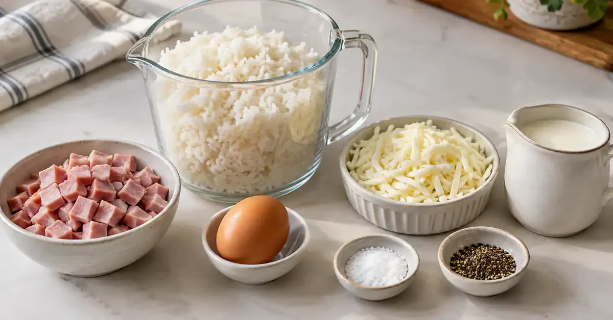 Cooked rice, ham, mozzarella, cream and an optional egg