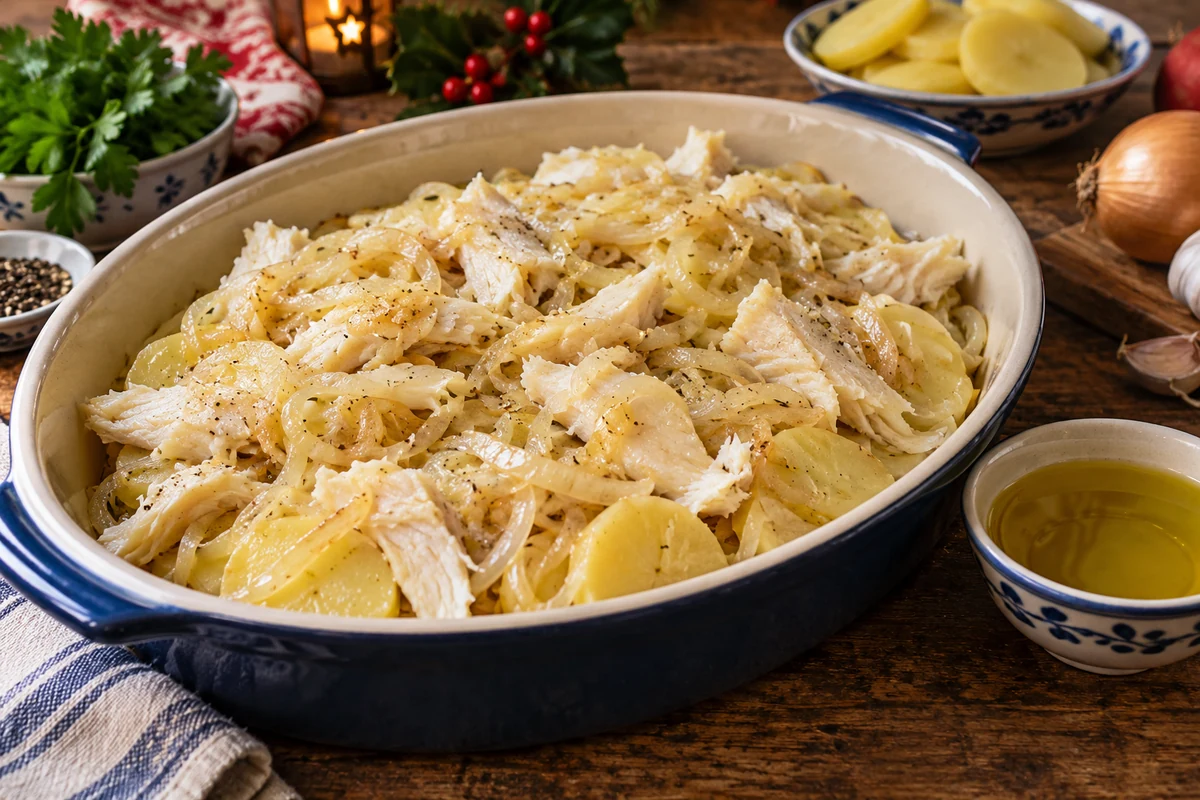 Cooked salt cod layered with potato and onion