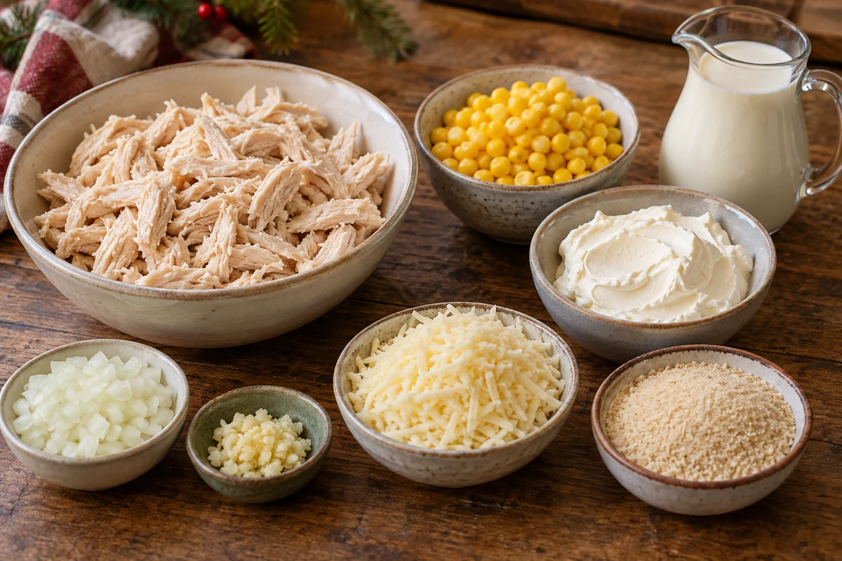 Cooked shredded chicken and ingredients for Brazilian fricasse Cooked shredded chicken and ingredients for Brazilian fricasse