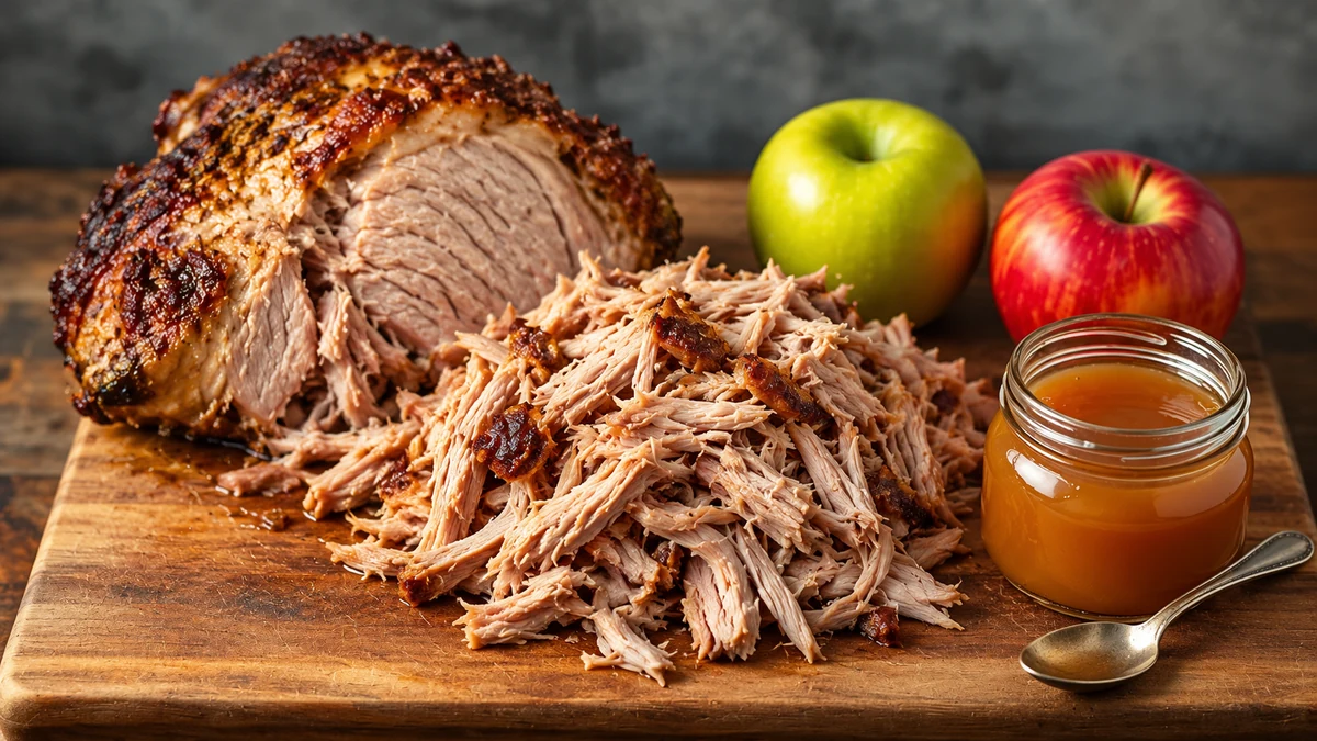 Cooked shredded pork and apples for croquettes Cooked shredded pork and apples for croquettes