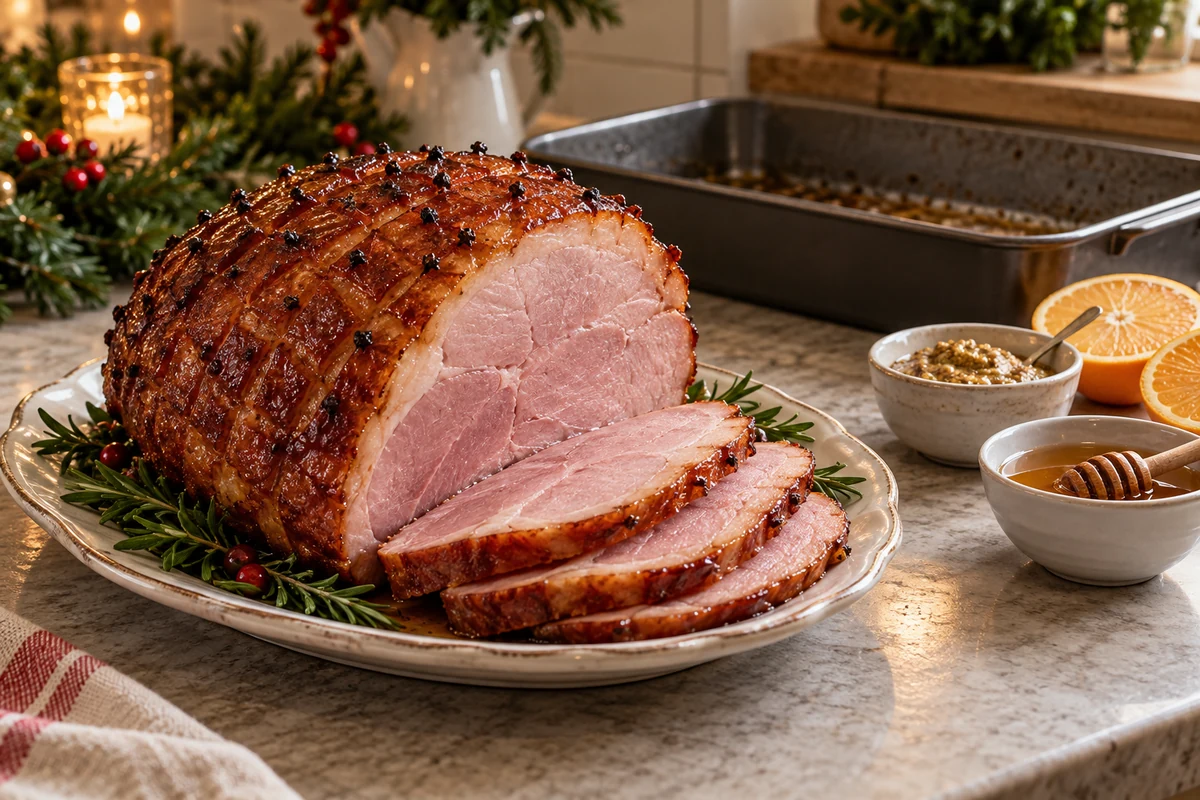 Cooked smoked ham joint with glaze ingredients
