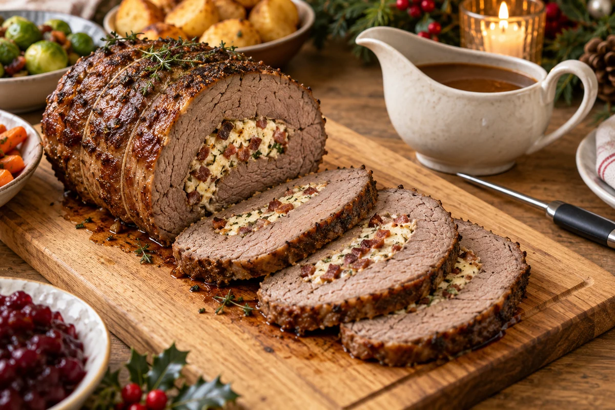 Cooked stuffed beef slices with gravy and a food probe Cooked stuffed beef slices with gravy and a food probe