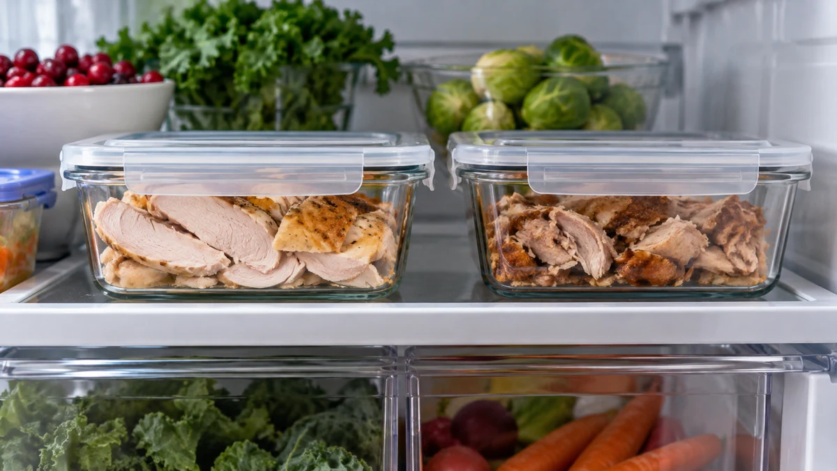 Cooked turkey leftovers in covered fridge containers