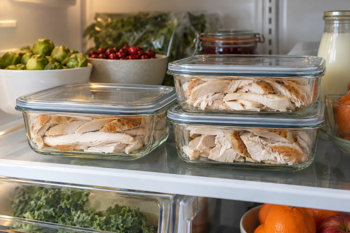 Cooked turkey portions in sealed fridge containers