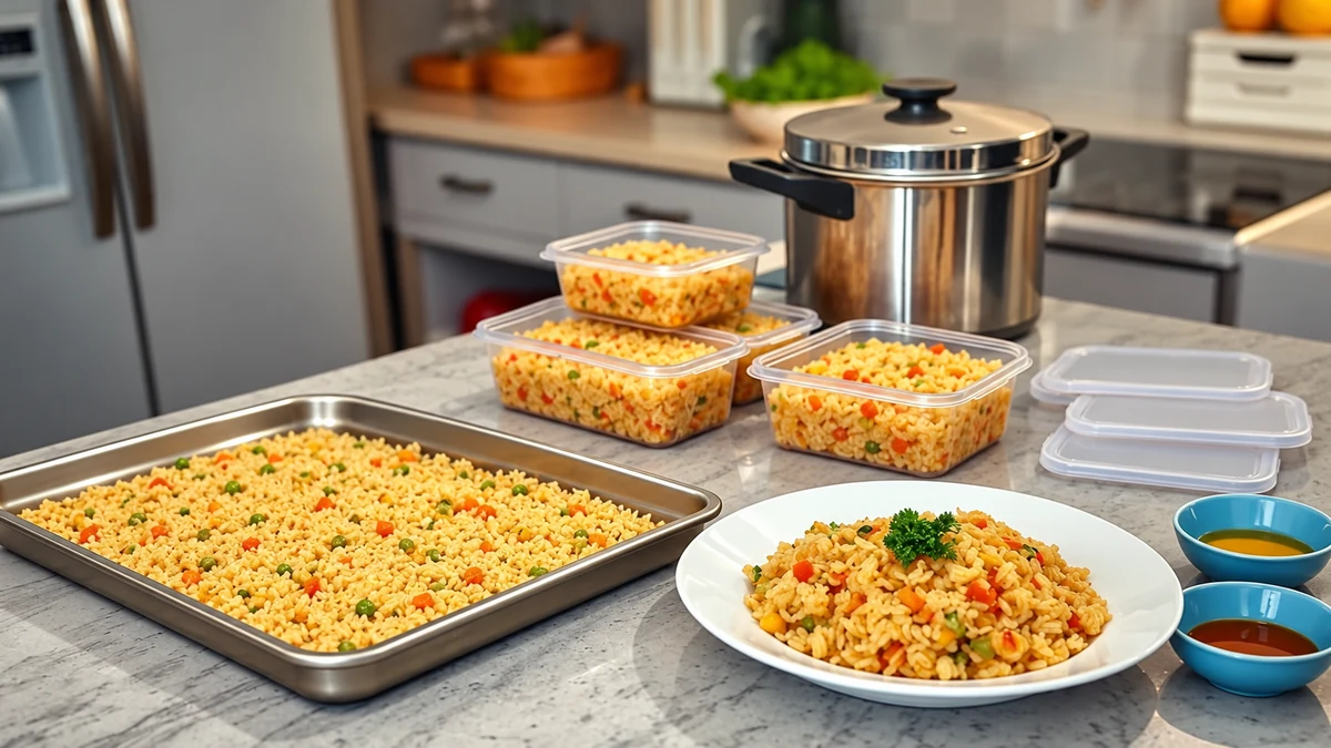 Cooked vegetable rice divided into shallow portions for cooling