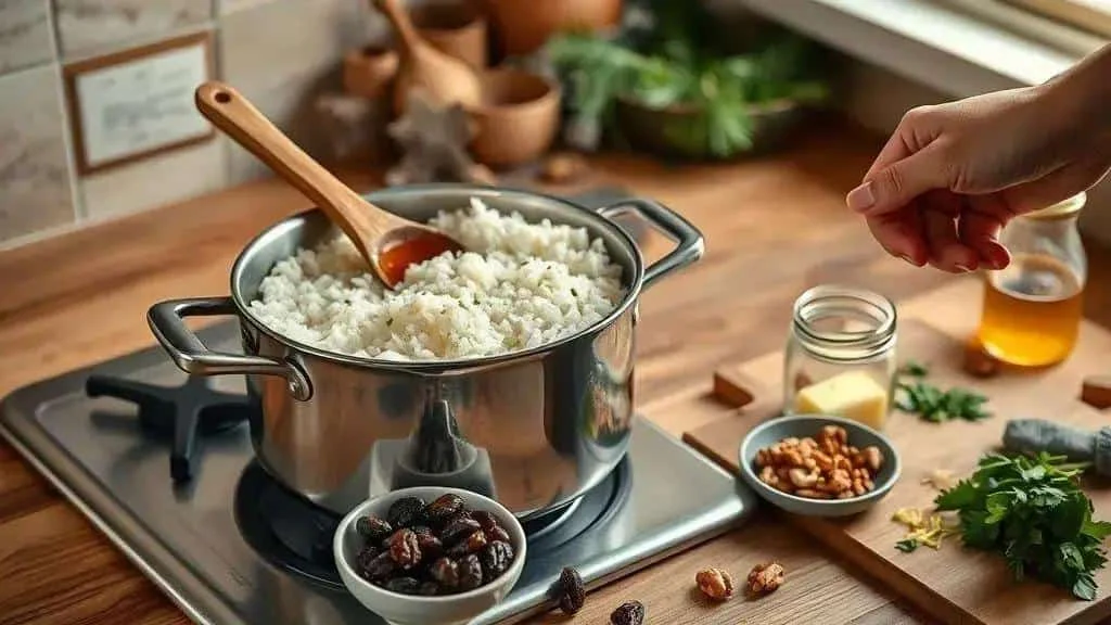 Cooked white rice ready for raisins and walnuts