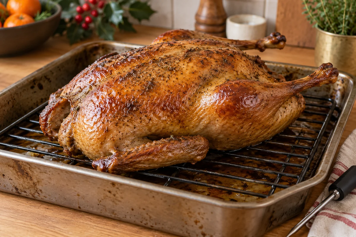 Cooked whole duck on a rack with a food probe