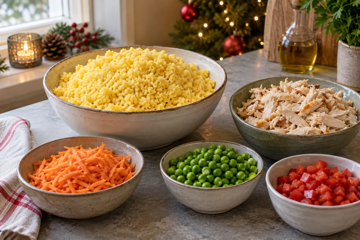 Cooked yellow Brazilian corn cuscuz in a bowl with shredded chicken, carrots, peas and red pepper separately Cooked yellow Brazilian corn cuscuz in a bowl with shredded chicken, carrots, peas and red pepper separately