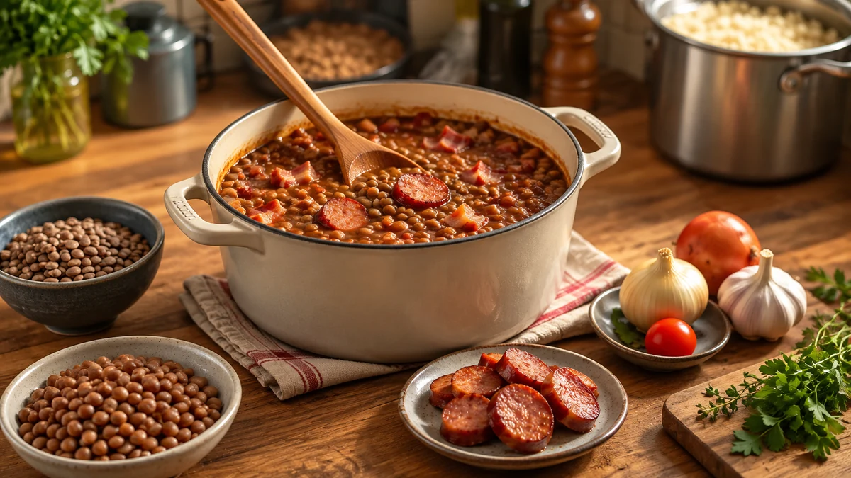 Cooking lentils with sliced smoked sausage