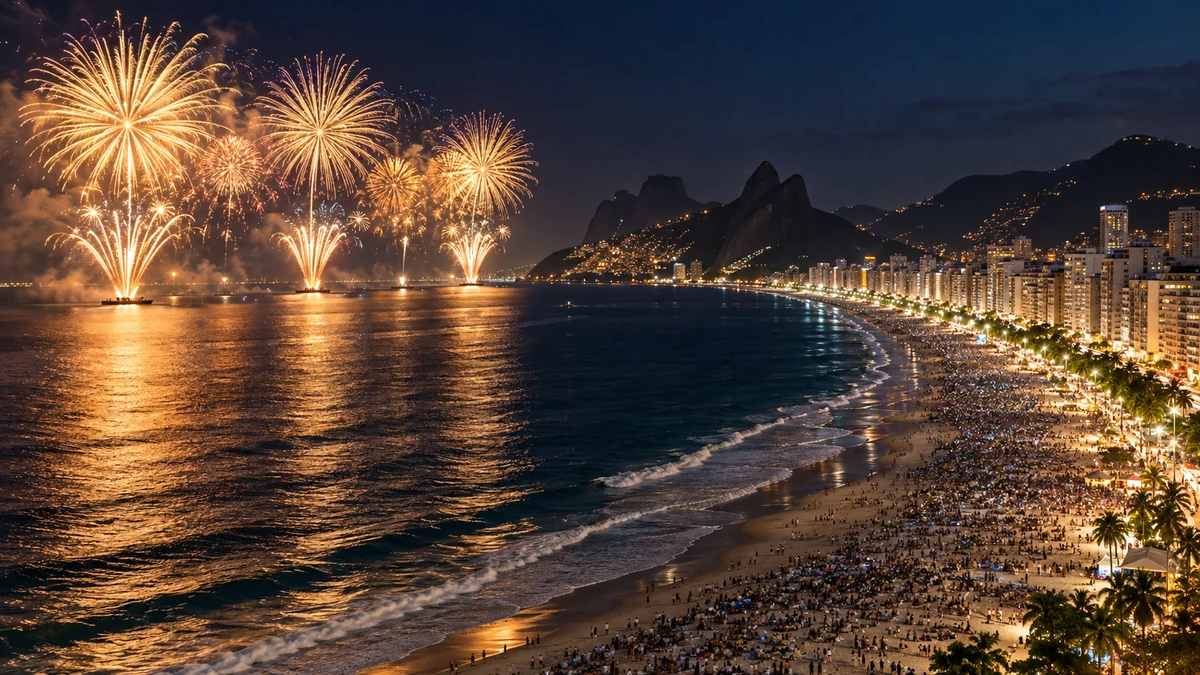 Copacabana coastline during an illustrated New Year celebration