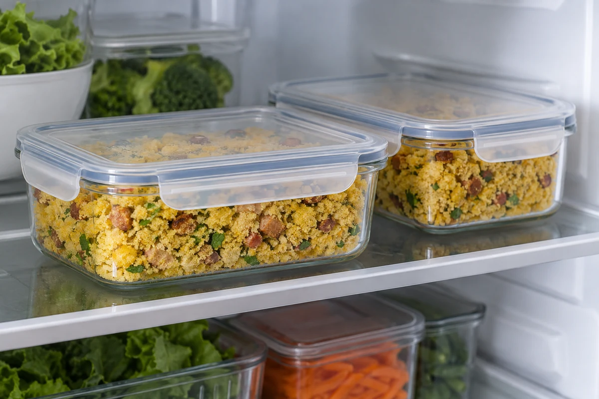 Corn cuscuz farofa stored in sealed fridge containers Corn cuscuz farofa stored in sealed fridge containers