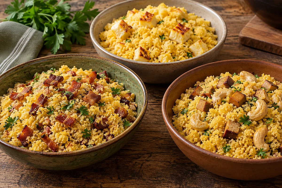 Corn cuscuz farofa variations with bacon tofu and grilling cheese Corn cuscuz farofa variations with bacon tofu and grilling cheese