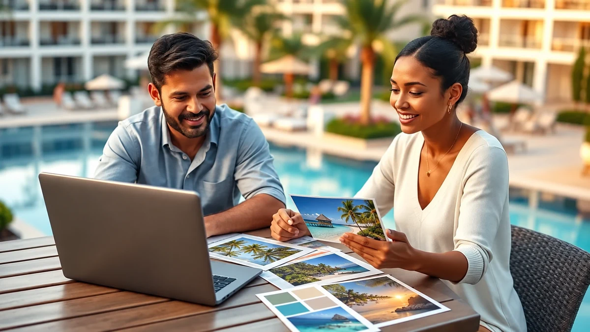 Couple comparing resort holiday options