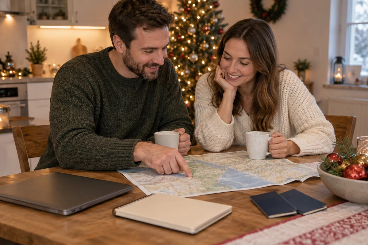 Couple comparing travel plans with a map Couple comparing travel plans with a map