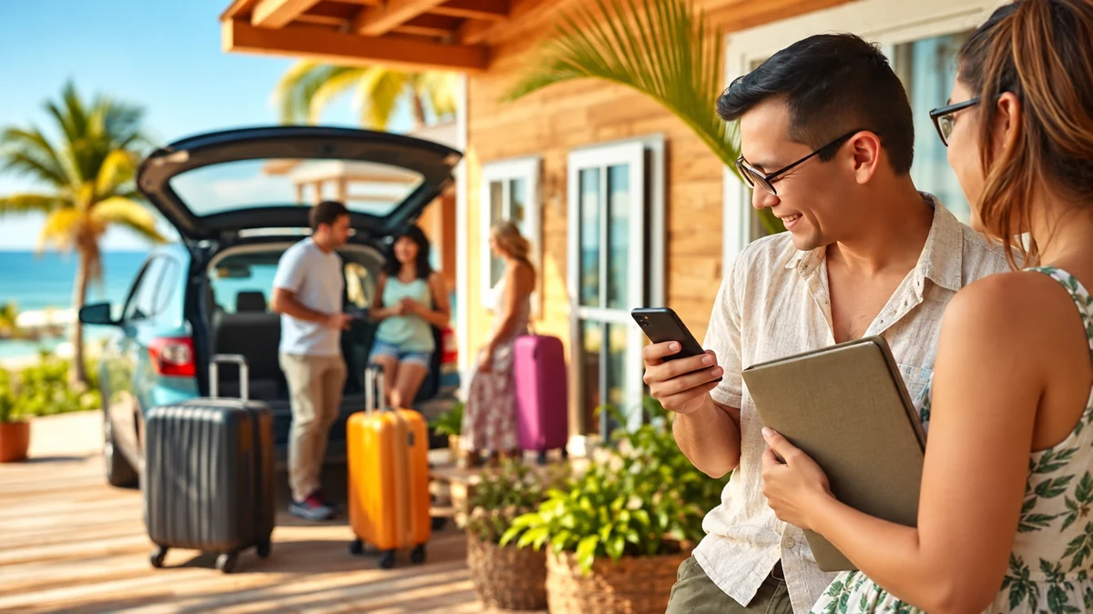Couple planning travel with a phone and plain folder