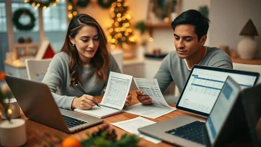 Couple reviewing household paperwork beside Christmas lights