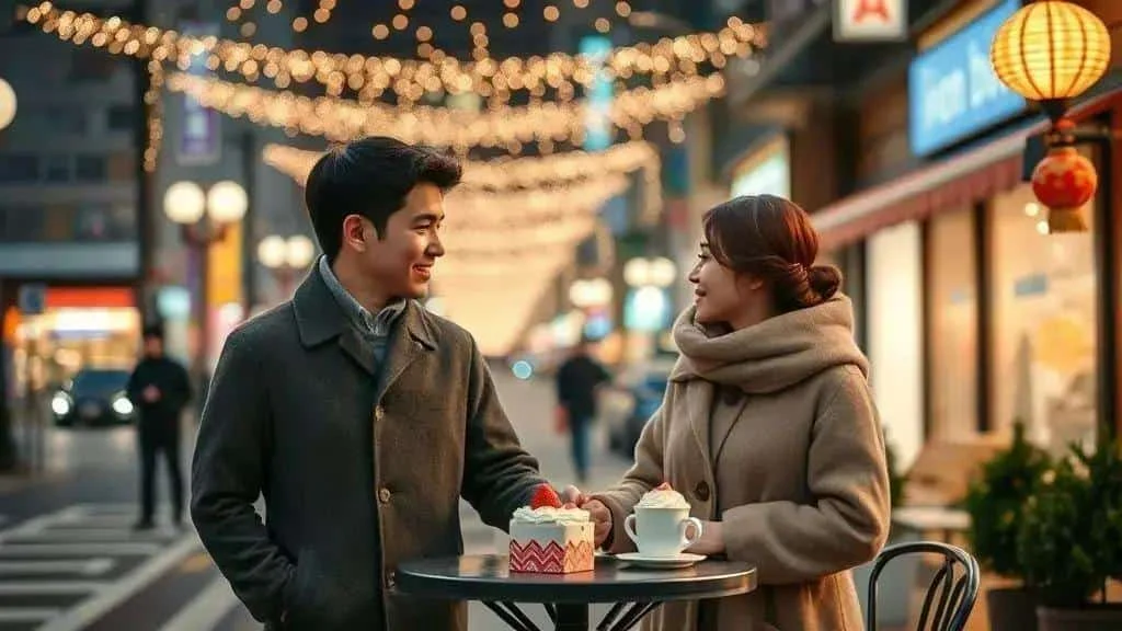 Couple sharing a festive cafe visit in Japan Couple sharing a festive cafe visit in Japan