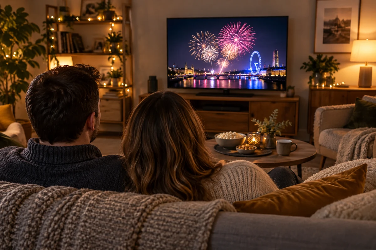 Couple watching a New Year fireworks broadcast at home