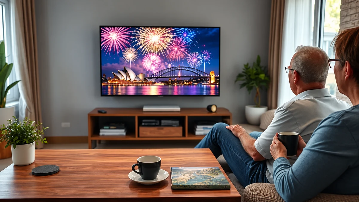 Couple watching Sydney New Year fireworks on television