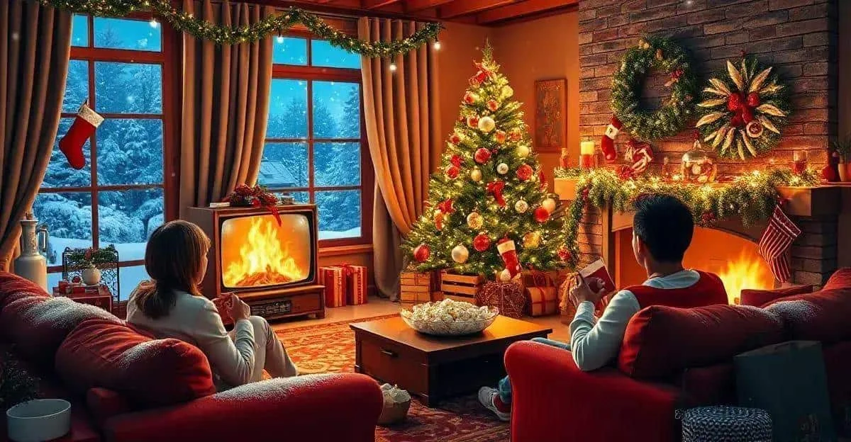Couple watching television beside a Christmas tree