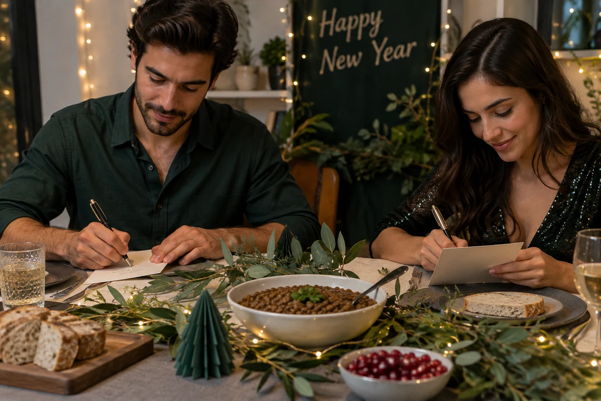 Couple writing New Year wishes