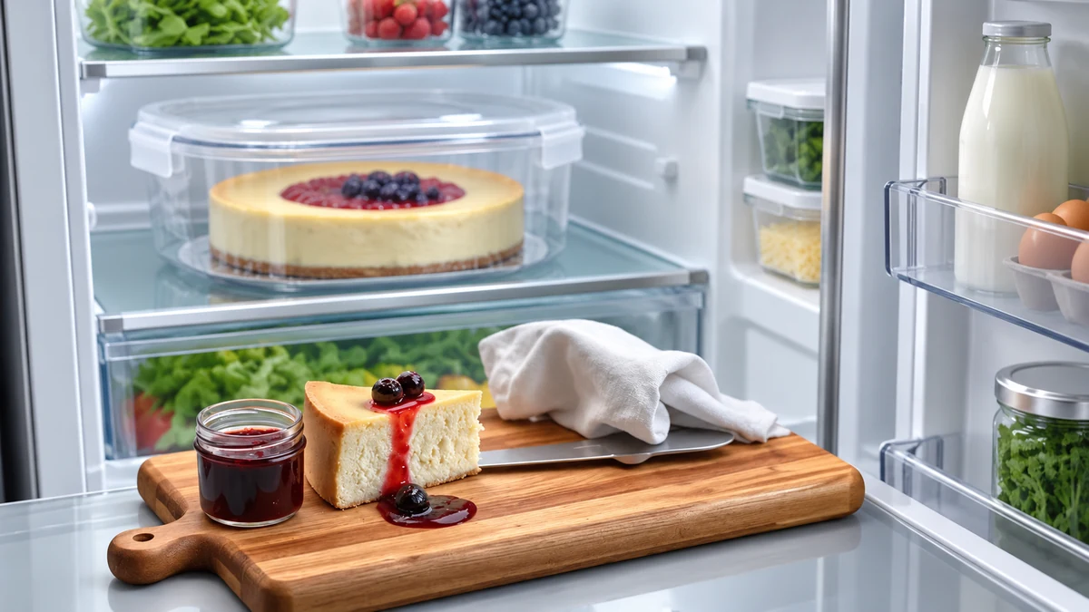 Covered berry cheesecake stored in a refrigerator