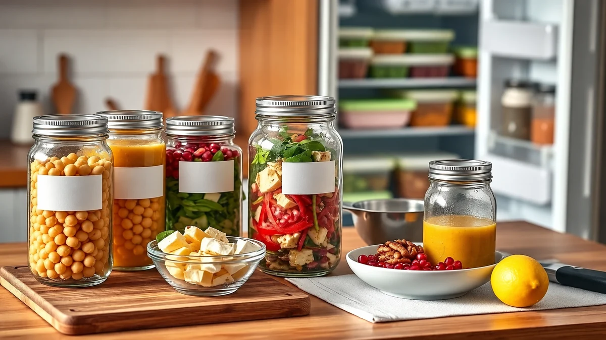 Covered chickpea and vegetable jars ready for the fridge